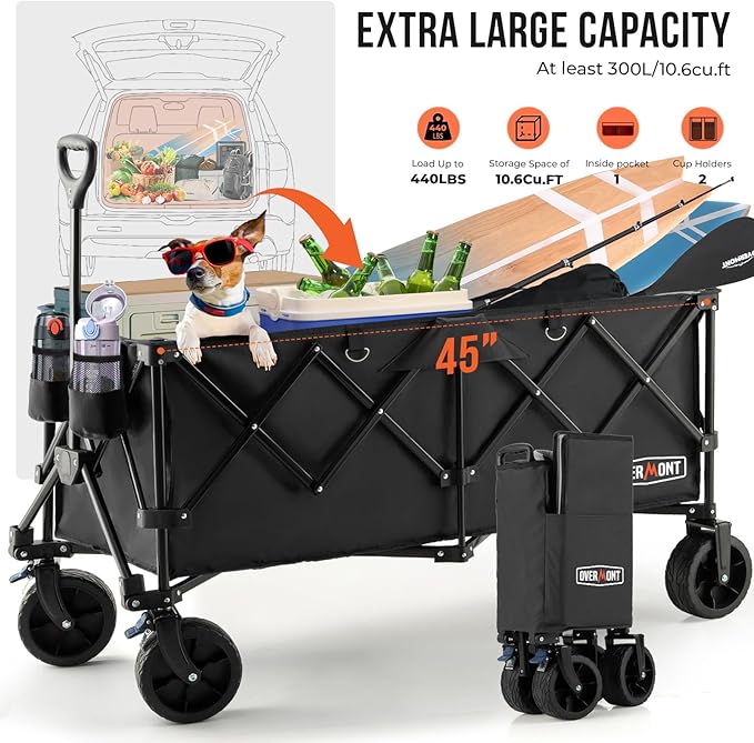 Overmont 45'' Collapsible Foldable Extended Wagon Cart - 300L Heavy Duty 440lbs Large Capacity Folding Utility Wagon with All-Terrain Wide Wheels for Camping Sports Grocery Picnic