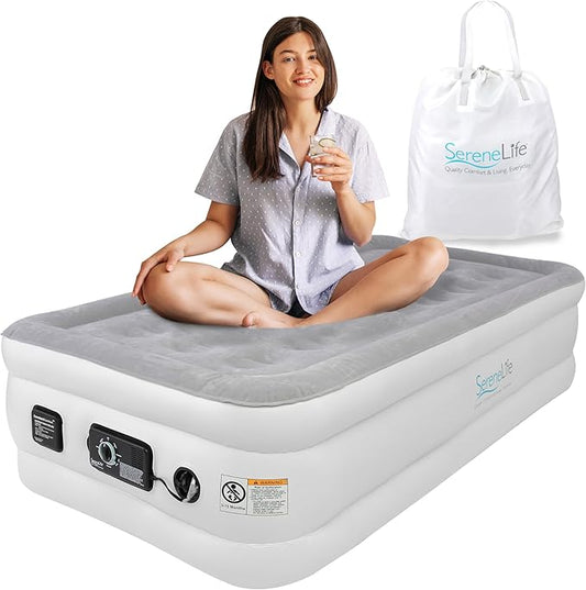 SereneLife Luxury Twin Size Air Mattress with Built-in High Speed Pump, Adjustable Firmness Levels, Strong Spine Support, 18" Inflatable Airbed for Home, Guests, Camping, and Travel