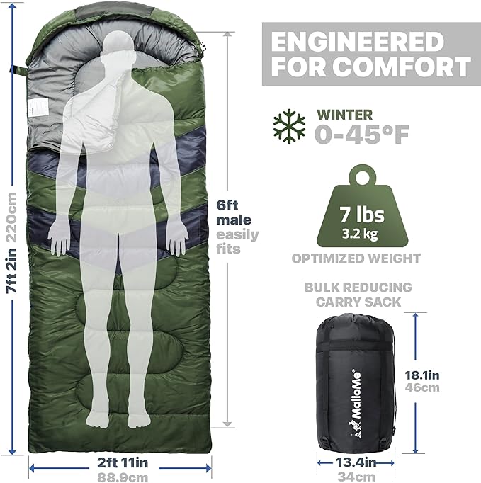 MalloMe Sleeping Bags for Adults Cold Weather & Warm - Backpacking Camping Sleeping Bag for Kids 10-12, Girls, Boys - Lightweight Compact Camping Essentials Gear Accessories Hiking Sleep Must Haves
