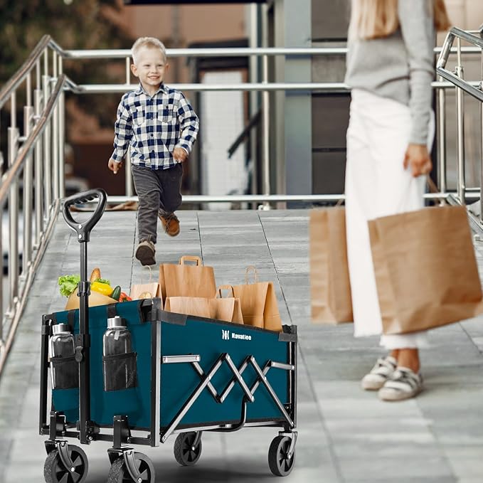 Navatiee Portable Foldable Collapsible Wagon with Wheels, 220lbs Weight Capacity Utility Grocery Shopping Cart, Lightweight Mini Folding Wagon for Outdoor, Blue