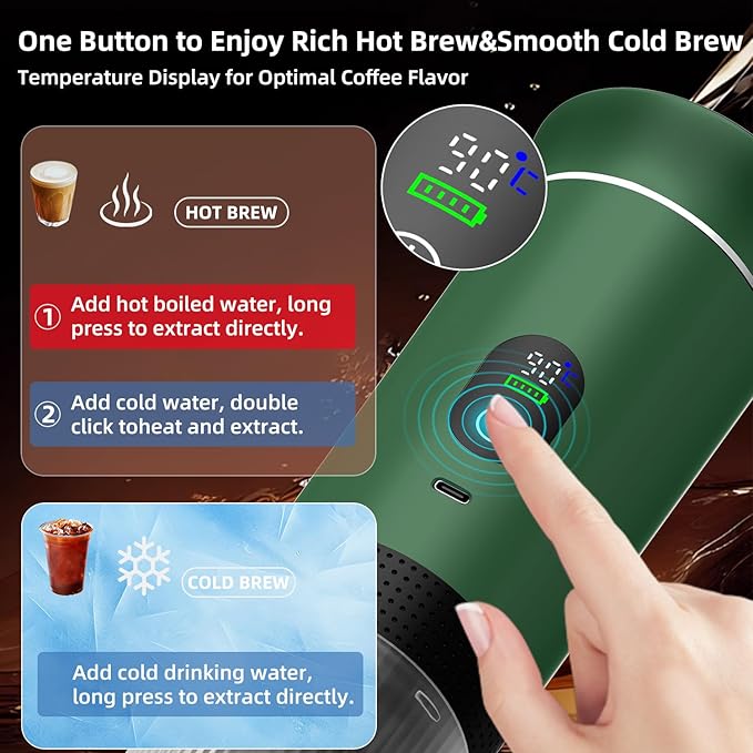 Portable Coffee Maker for Travel & Camping, Portable Espresso Maker for Travel, Rechargeable Cordless Battery Operated Coffee Makers for Ground Coffee, NS Capsule RV, Hiking, Office(Green)