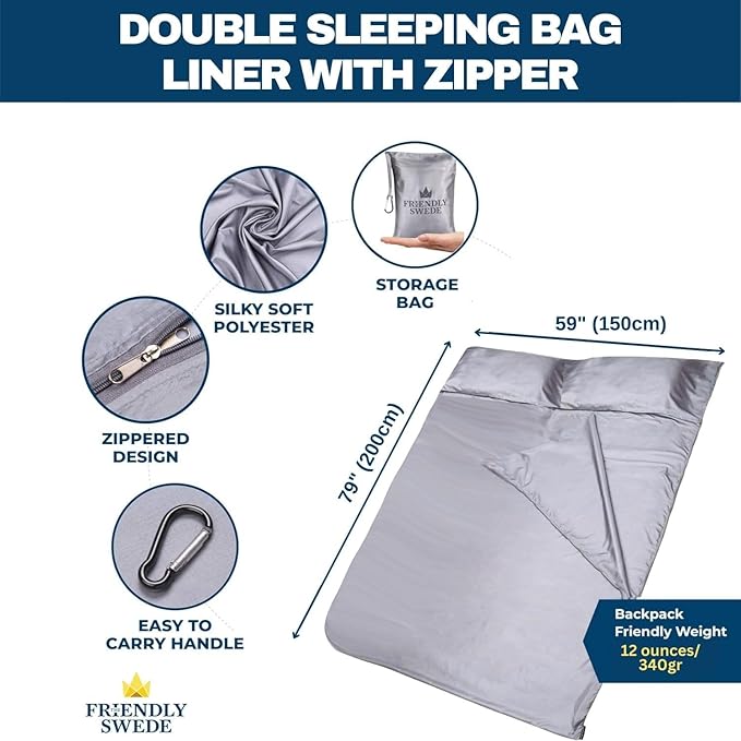 The Friendly Swede Sleeping Bag Liner — Ultralight Polyester or Cold Weather Microfiber Adult Sleep Sack; Thin Travel Sheets for Hotel; Camping Sheets; Travel Sleeping Bag with Pocket-Size Stuff Sack