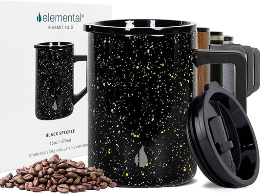 Elemental Insulated Coffee Mug - Triple-Wall Stainless Steel Summit Travel Cup for Hot and Cold Drinks - Thermal Coffee Mug with Lid and Handle for Camping, Office & Travel 16oz - Black Speckle