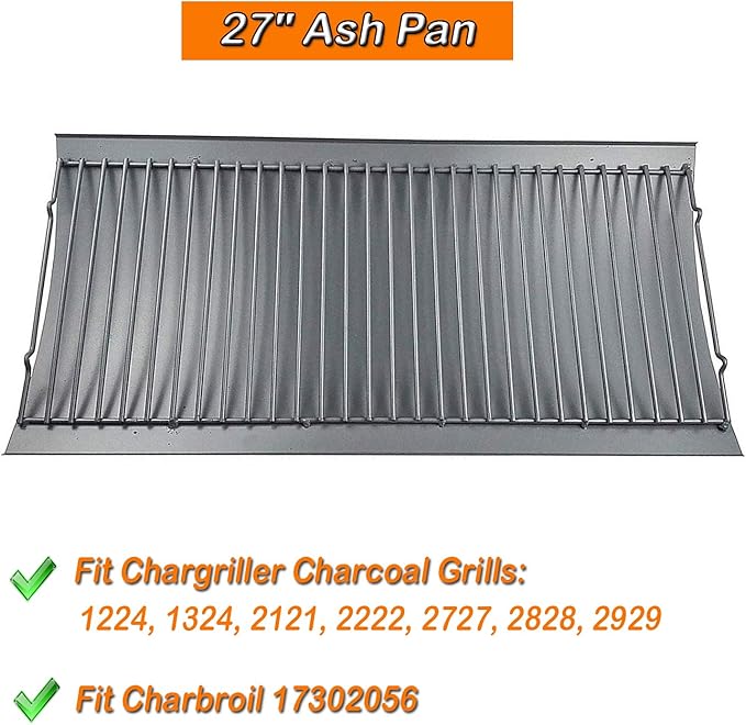 MixRBBQ 27 inch Ash pan for Chargriller 1224 1324 2121 2222 2727 2828 2929 Charcoal Grill, Fire Grate Replacement Part with 2pcs Fire Grate Hanger, Porcelain-coated Steel 27" Drip Pan