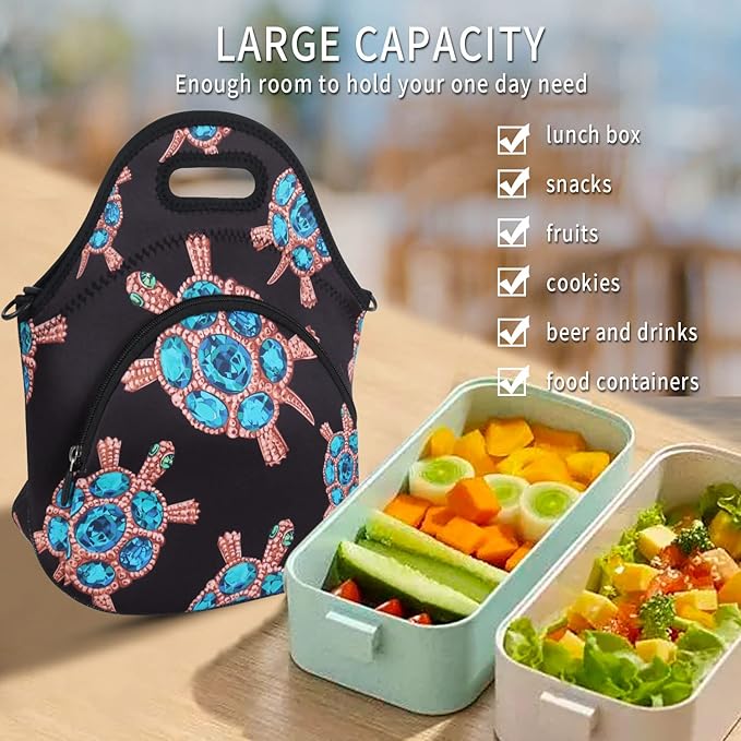 Violet Mist Neoprene Lunch Bag, Gem Turtle, Reusable Insulated Food Carrier, Adjustable Shoulder Strap, 12.6"L x 11.8"H x 6.8"W