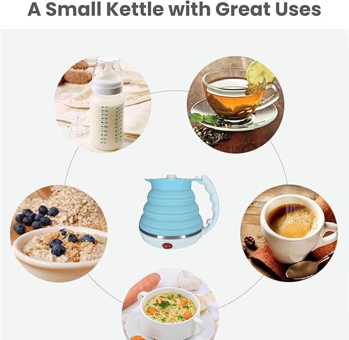 Travel Electric Kettle Small, Portable Travel Kettle Electric, Collpasible Electric Kettle, Food Grade Silicone Tea Kettle, Ultra-thin Foldable, Auto Shut off and Keep Warm, 110V 555ml (Blue)