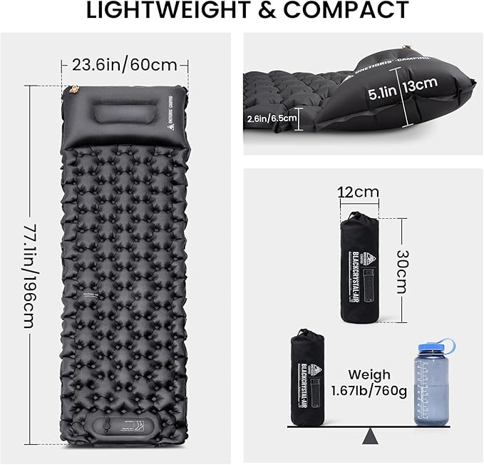 ONETIGRIS Blackcrystal Sleeping Pad, Ultralight Camping Sleeping Pad with Pillow Built-in Foot Pump Inflatable Sleeping Mat Compact for Camping Backpacking Hiking Traveling Tent