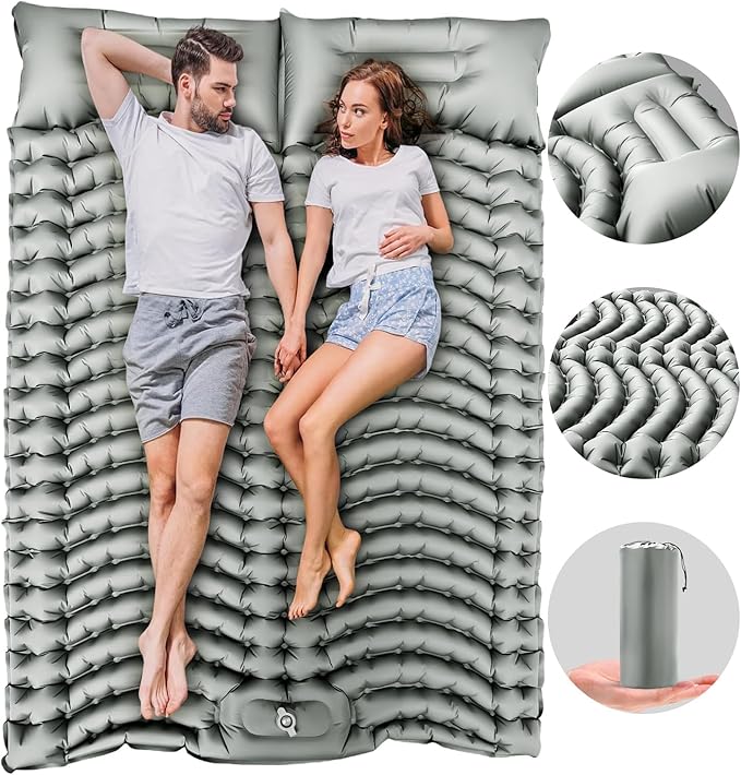 Double Sleeping Pad Self-Inflating 4" Thick for 2 Person Camping - Built-in Foot Pump, Ergonomic Pillow & Ultra-Portable Design for Backpacking, Hiking, Tent Use