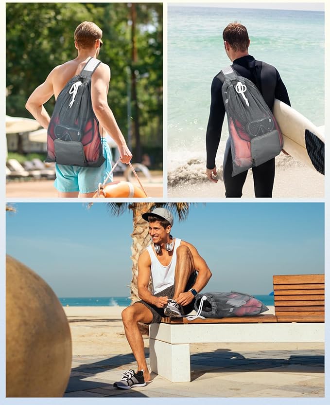 WANDF Swim Bag Foldable Mesh Drawstring Bag with Quick-dry Shoulder Strap Beach Backpack with Wet Pocket for Swimming, Gym, and Workout Gear (Grey Patent Pending)