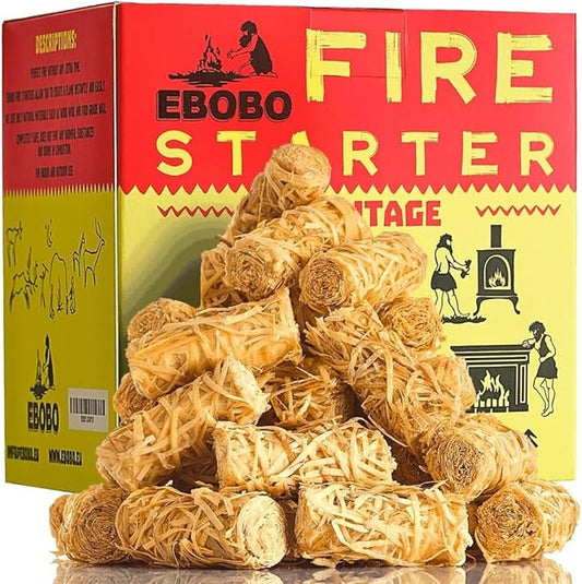 50 pcs Natural Fire Starters for Fireplace, Wood Stove, Charcoal Grill, BBQ, Fire Pit & Smoker – Wood Wool & Wax Rolls – Easy to Light, No Prep, No Mess