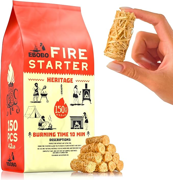 150 pcs Natural Fire Starters for Fireplace, Wood Stove, Charcoal Grill, BBQ, Fire Pit & Smoker β Wood Wool & Wax Rolls β Easy to Light, No Prep, No Mess