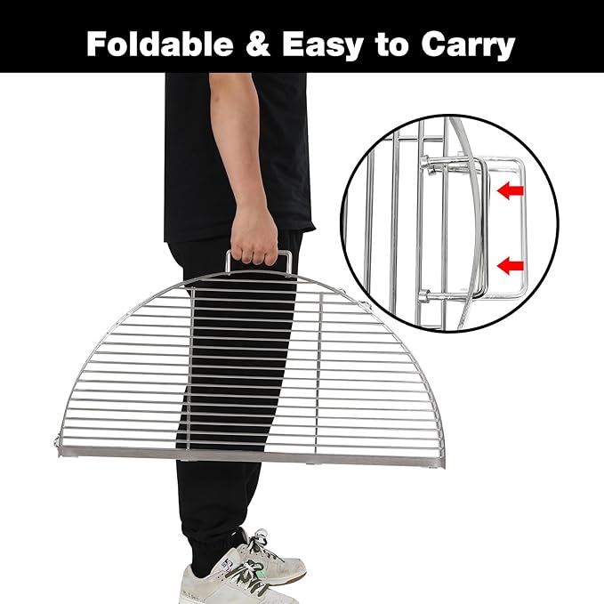 REDCAMP Foldable Fire Pit Cooking Grill Grate 30 Inch, Campfire BBQ Grill with Portable Handle & Support Wire, Heavy Duty Stainless Steel Round Campfire BBQ Grill for Outdoor Picnic Party & Gathering