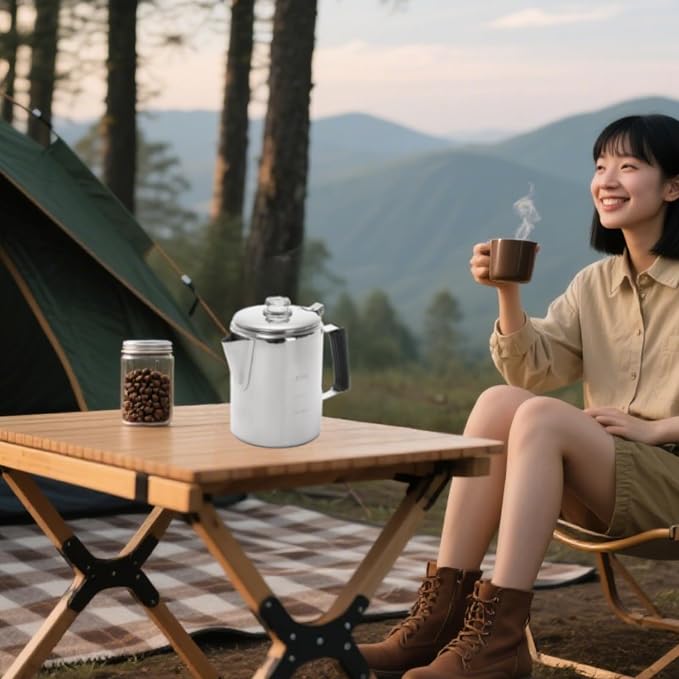 Camping Coffee Pot Stainless Steel, Coffee Pot Outdoors, Durable Stove Top Brew Coffee Maker on Fire, Ideal for Group Camping, Hiking, Backpacking, RV and Travel, 9 Cups