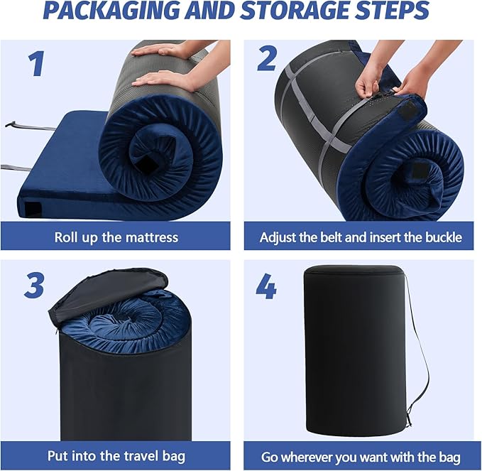 CYMULA Memory Foam Camping Mattress Pad, CertiPUR-US Sleeping Mat, Portable Roll Up Mattress for Adults, Camping Bed Pads for Sleepover, Car Bed with Travel Bag