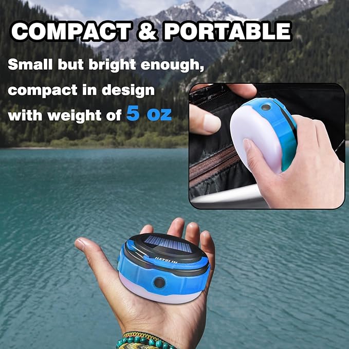 LED Rechargeable Camping Latern -Blue Solar Power Tent Light with 7 Light Modes, Power Bank, USB Charger Outdoor, Hiking, Home and Powered Emergency Failure Hurricane Hanging