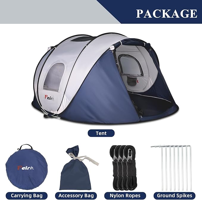 Camping Pop Up Tent, 2-4 Person Automatic Easy Setup Tents, 2 Doors-Instant Popup Family Tents for Camping, Hiking, Traveling