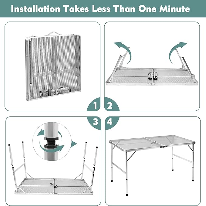 Folding Table, Easy for Storage, Compact and Portable Picnic Table for Grill, Outdoor Camping, Garden, Patio, Dining, BBQ, Party, Market, 4Ft (Large, Silver)