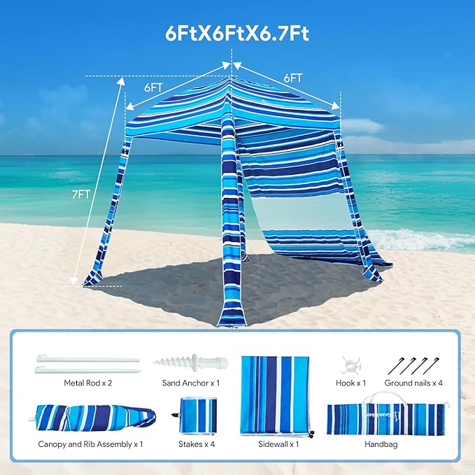 Grandekor Beach Cabana 6'×6' Beach Canopy with Sand Anchor Sidewall Hanging Hook UPF 50+ UV Beach Umbrella Portable Cool Cabana Beach Easy Set up and Take Down with Sand Pockets
