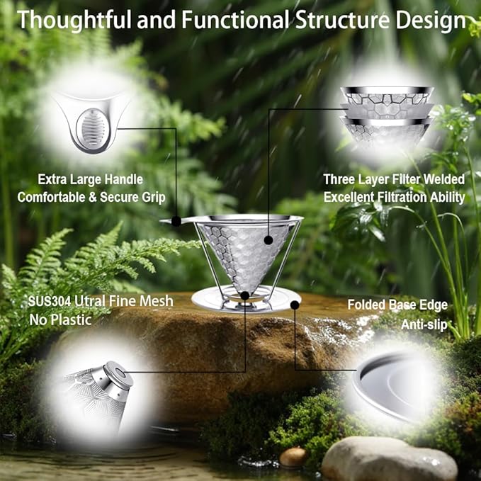 dailybrew Pour Over Coffee Maker, Triple Layer Stainless Steel Cone Coffee Filter, 4 Cup Non-electric Drip Coffee Maker, Manual Portable Pour Over Coffee Maker, Metal Cone Cafe Coffee Dripper