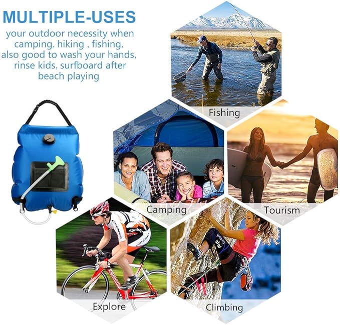Solar Shower Bag | 5 Gal/20L Solar Heating Camping Shower Bag | Removable Hose | On-Off Switchable Shower Head | Ducha Portatil | Traveling Shower | Portable Shower for Beach Swimming, Hiking