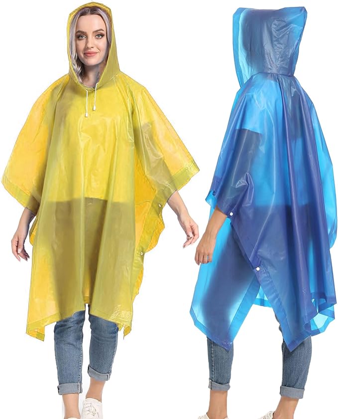 Reusable Rain Ponchos with Drawstring Hood for Adults, Waterproof Thicken Rain Coat, 2 Packs