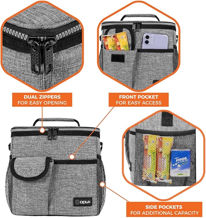 opux Insulated Lunch Bag for Men Women, Leakproof Heather Gray Lunch Box for Work, Portable Soft Lunch Cooler Bag with Shoulder Strap, Adult Lunchbox Lunch Pail for Kid Boy Girl School, 18 Can/10L