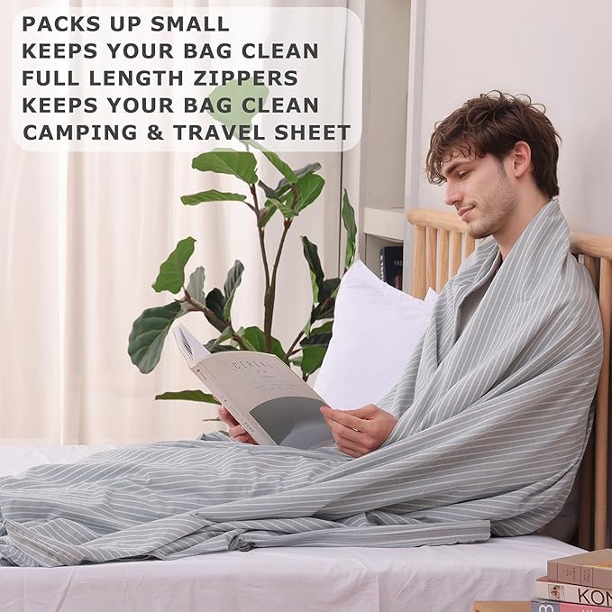 100% Cotton Sleeping Bag Liner with Full Length Zipper on 3 Sides; Single/Double Adult Sleep Sack for Travel & Camping, Multifunctional Travel Sheets (Unzipped 87”x87”) for Hotel, Lightweight