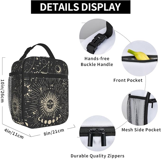 Sun and Moon Mystic Goth Witchy Lunch Box Reusable Insulated Totes Lunch Bag Thermal Cooler For Boy Girls School Men Women Beach Picnic Travel