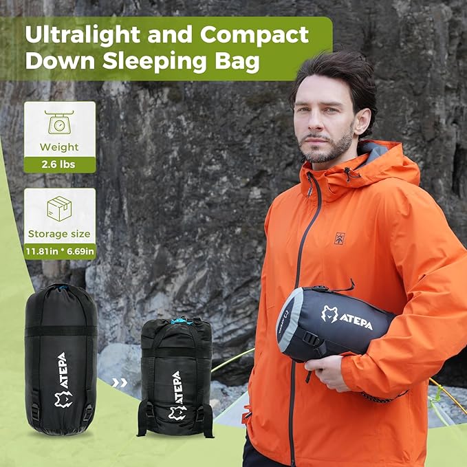 ATEPA Down Sleeping Bag, Recycled 650FP 4 Season Summer & Winter Compact Rectangle Lightweight Waterproof Wearable Sleeping Bag with Compression Sack for Camping Backpacking Hiking