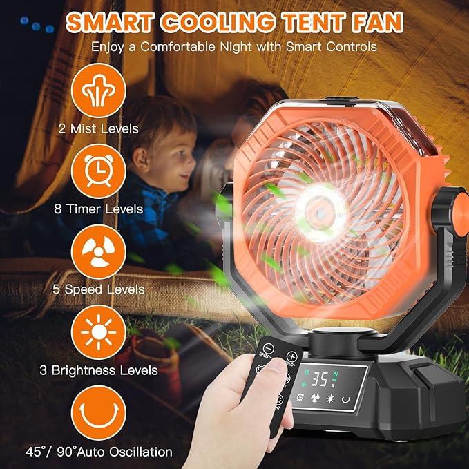 Camping Misting Fan Rechargeable - 20000mAh Portable Mist Fan For Tents With LED Lantern Light, Auto Oscillating With Remote For Outdoor, Battery Operated With Timer 5 Speeds(Orange)