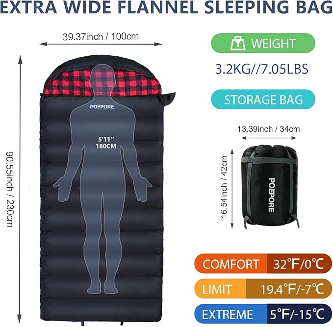 0 Degree Sleeping Bag 100% Cotton Flannel XXL Cold Weather Winter Oversized Sleeping Bag for Adults Camping Zero Degree Big and Tall with Compression Sack