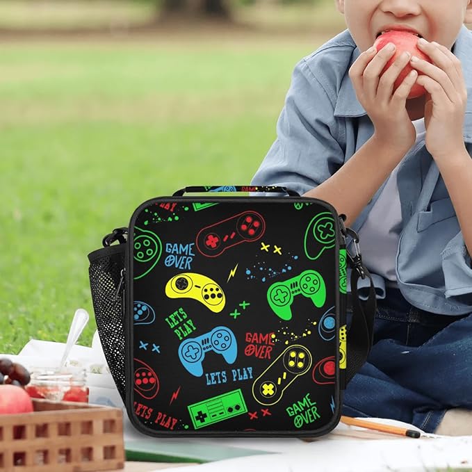 Insulated Lunch Bag for Boys - Reusable Lunch Box Water-Resistant Thermal Cooler Meal Tote Bag with Water Bottle Holder for School Picnic Travel (Colorful Video Game)