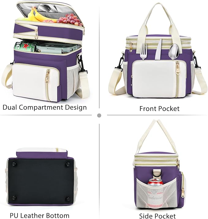 Lunch Box & Lunch Bag for Women, Large Insulated Adult Lunch Box Leakproof Lunchbox Cooler Bag for Work Picnic Beach,16L, Purple & White