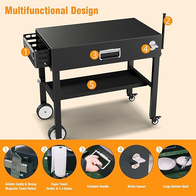 Portable Grill Stand for Ninja Woodfire Outdoor Grill OG701 OG751 & OO101 Pizza Oven, Blackstone 17"/22" Griddle, Ooni Pizza Oven, Outdoor Grill Cart with 4 Wheels