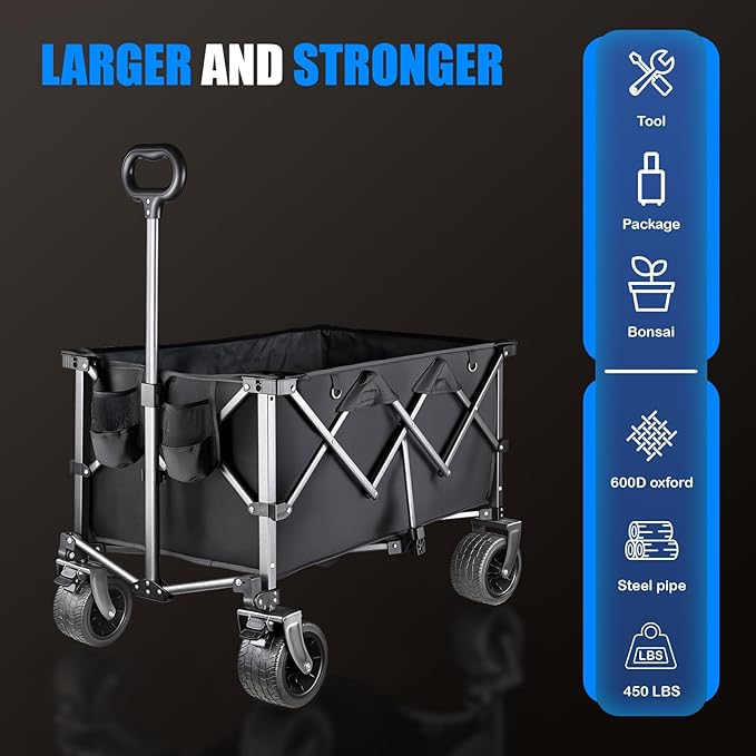 Collapsible Wagon with 450lbs Capacity – Wagons Carts Foldable with Wheels, 200L All-Terrain Garden Wagon, Heavy Duty Grocery Cart on Wheels for Beach, Camping