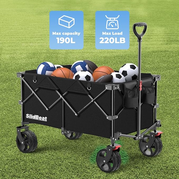 SLIDBEAT Beach Wagon with Big Universal Wheels - Folding Wagon - Wagons Carts Heavy Duty Foldable - Camping Garden Cart Black - 6.5''×2.5'' Wheels