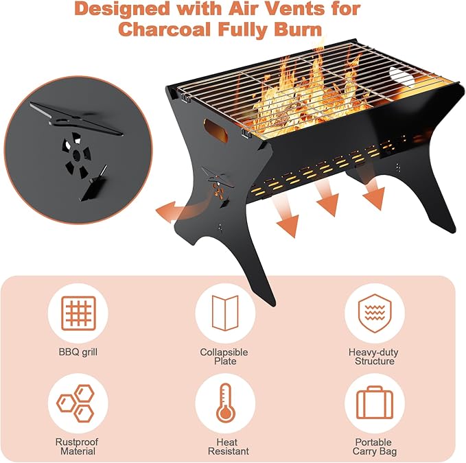 Camping Campfire Grill, Portable Folding Charcoal Grills, Backpacking BBQ Grill with Carry Bag, Outdoor Fire pit for Camping, Picnic, Bonfire, Patio, Backyard-16 Inch