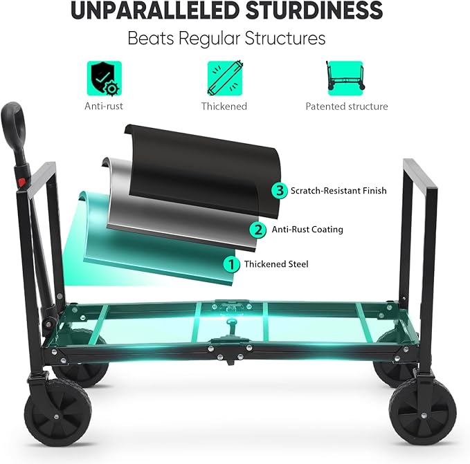 Foldable Wagon Cart 160L- 3 in 1 Collapsible Wagon Cart with Wheels, 2 Cup Holders, for Groceries, Camping, Shopping, Garden, Pet Riding-1 Year Warranty