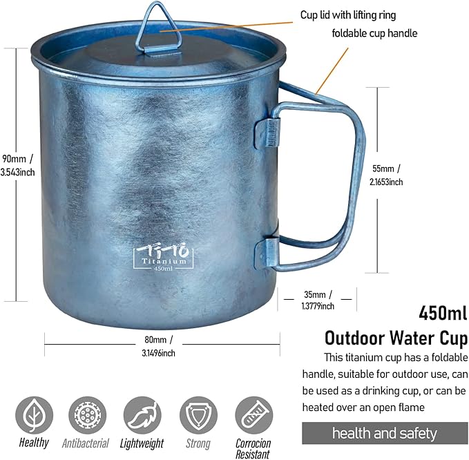 TiTo Titanium Cup Titanium Pot with Lid Ultralight Portable 450ml Foldable Handle Camping Tea Coffee Water Mug for Outdoor Backpacking Hiking Picnic Drinkware with Mesh Sack (Blue)