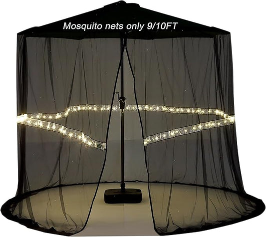 9/10FT Mosquito Net for Patio Umbrella Outdoors Screen Polyester Hanging Tent (Mosquito Net Only) (9FT/10FT(with Light))
