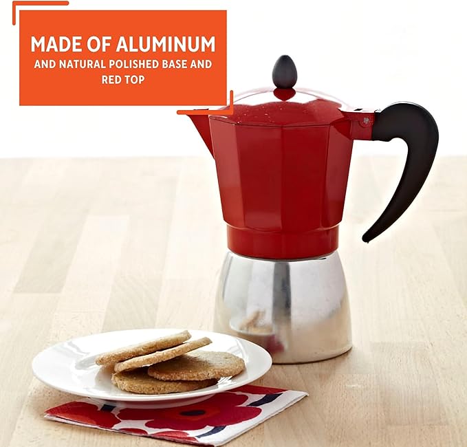 IMUSA USA Red Aluminum Stovetop 6-cup Classic Italian and Cuban Espresso Maker (B120-43T), Silver/Red