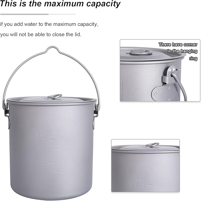 iBasingo 1250ml Titanium Hanging Mug with Lid Tea Coffee Water Cup Outdoor Camping Pot Ultra-light Portable Hiking Backpacking Cooking Kit Picnic Tableware Drinkware with Foldable Handle Ti3042D