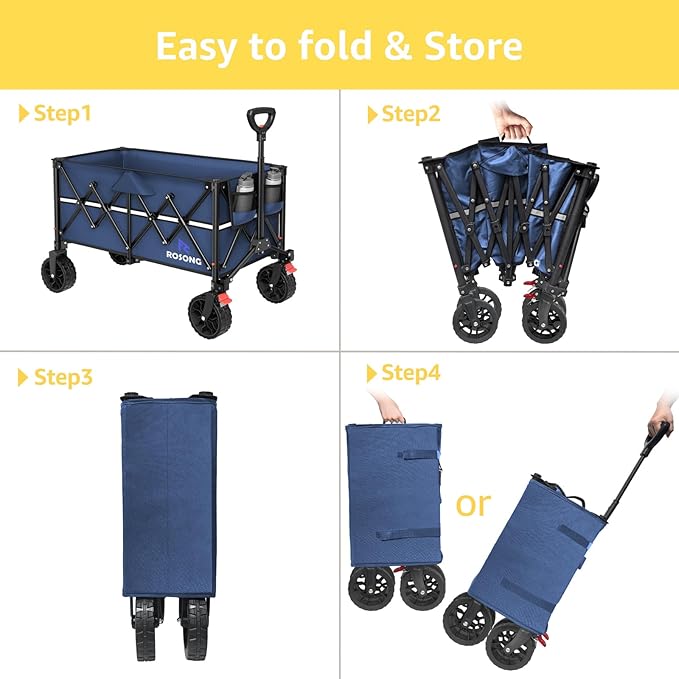 Navy Blue Folding Wagon Cart with Wheels Foldable - Collapsible Wagons Carts Heavy Duty, Fold Up Portable Utility Wagon for Grocery Beach Sports Fishing Camping Shopping