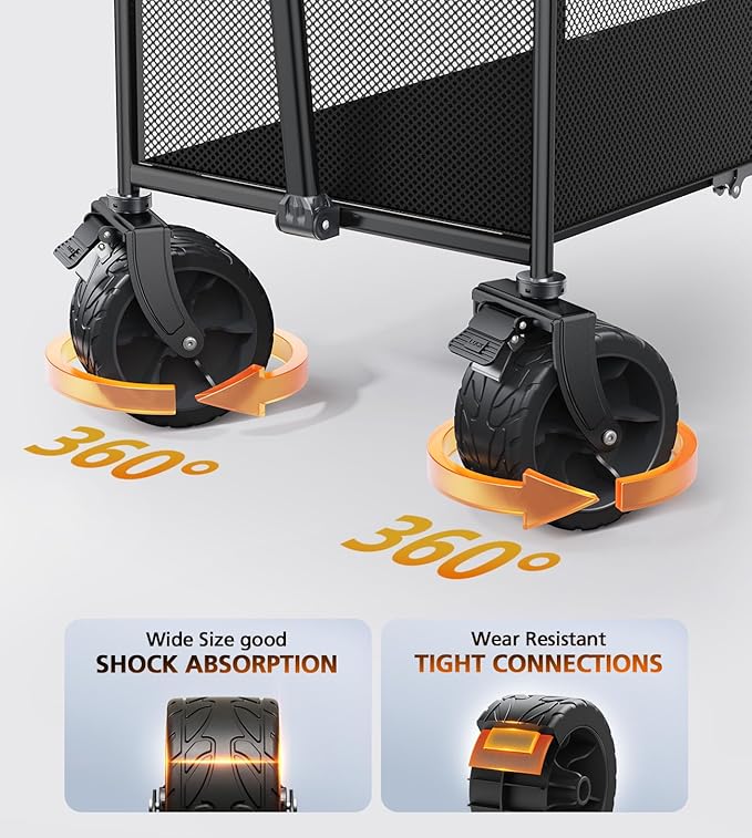 Foldable Wagon Cart,Everyfun 480Lbs Double Decker Wagon,Beach Carts with Big Wheels&Side Pocket&Dustbag,Large Capacity Folding Wagon for Shopping,Garden,Camping,Fish,New Wave Sports Wagon-Ivory Black