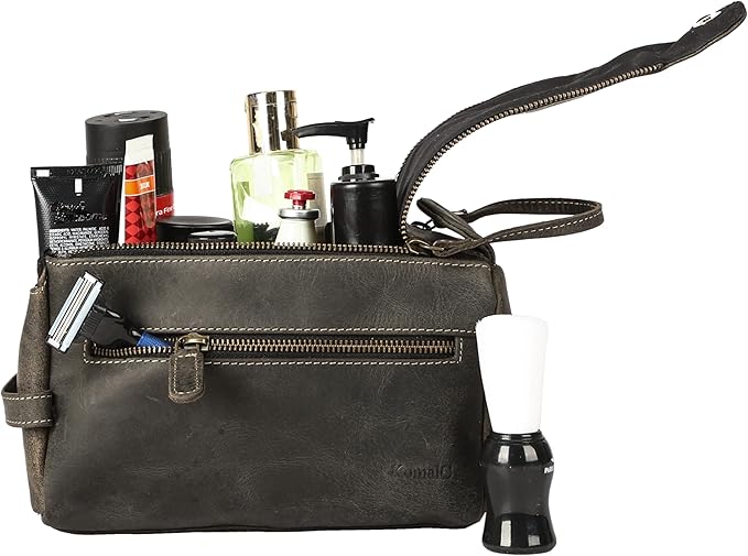 KomalC Premium Buffalo Leather Unisex Toiletry Bag Travel Dopp Kit