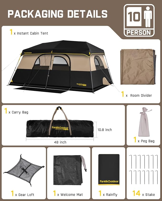 FanttikOutdoor Instant Cabin Tent 6/8/10/12 Person Camping Tent Setup in 60 Seconds with Rainfly & Windproof Portable with Carry Bag for Family Camping & Hiking, Upgraded Ventilation, Khaki