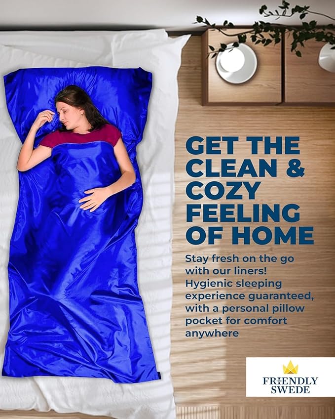 The Friendly Swede Sleeping Bag Liner — Ultralight Polyester or Cold Weather Microfiber Adult Sleep Sack; Thin Travel Sheets for Hotel; Camping Sheets; Travel Sleeping Bag with Pocket-Size Stuff Sack