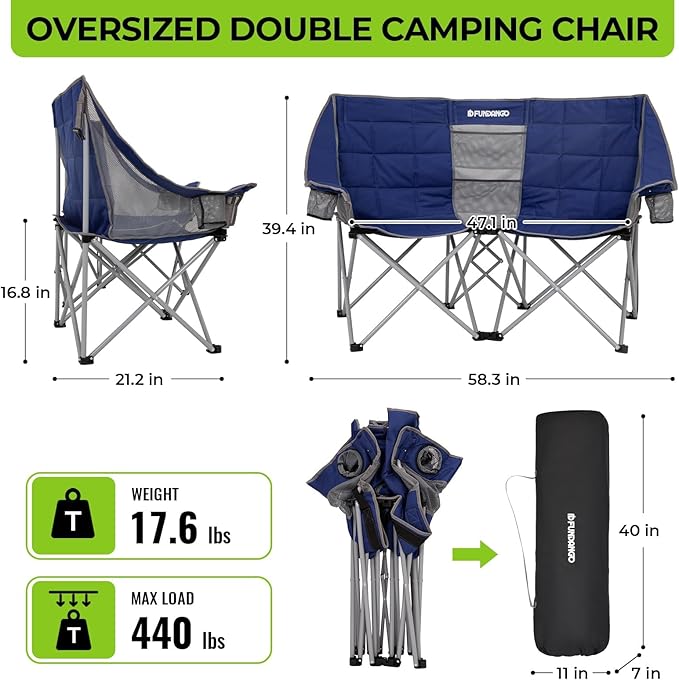 FUNDANGO Oversized Double Camping Chair, 2 Person Folding Padded Loveseat for Adults,660lbs Heavy Duty Chair with Arm Cup Holder for Outdoor Patio Lawn Camp with Carry Bag (Blue)
