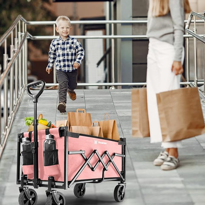 Navatiee Portable Foldable Collapsible Wagon with Wheels, 220lbs Weight Capacity Utility Grocery Shopping Cart, Lightweight Mini Folding Wagon for Outdoor, Pink