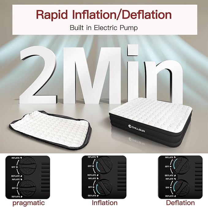 CHILLSUN Luxury Queen Air Mattress with Built in Pump,18" Raised Comfort Blow up Mattress,Dual Layer Mattress Topper Airbed, Durable Inflatable Mattress for Guests Home, Colchon Inflable 800lbs Max